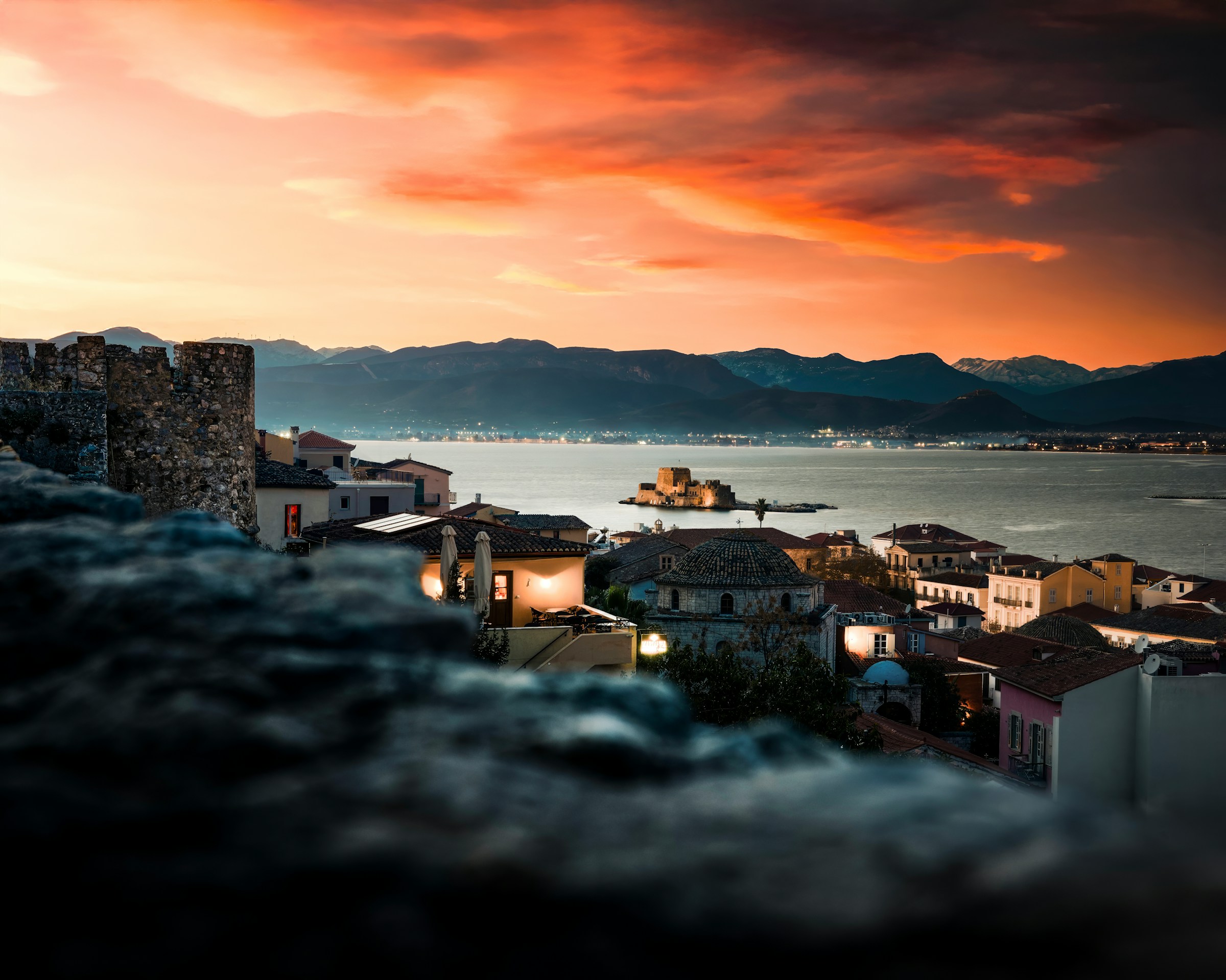 Nafplio Bourtzi fortress at sunset in Nafplio
