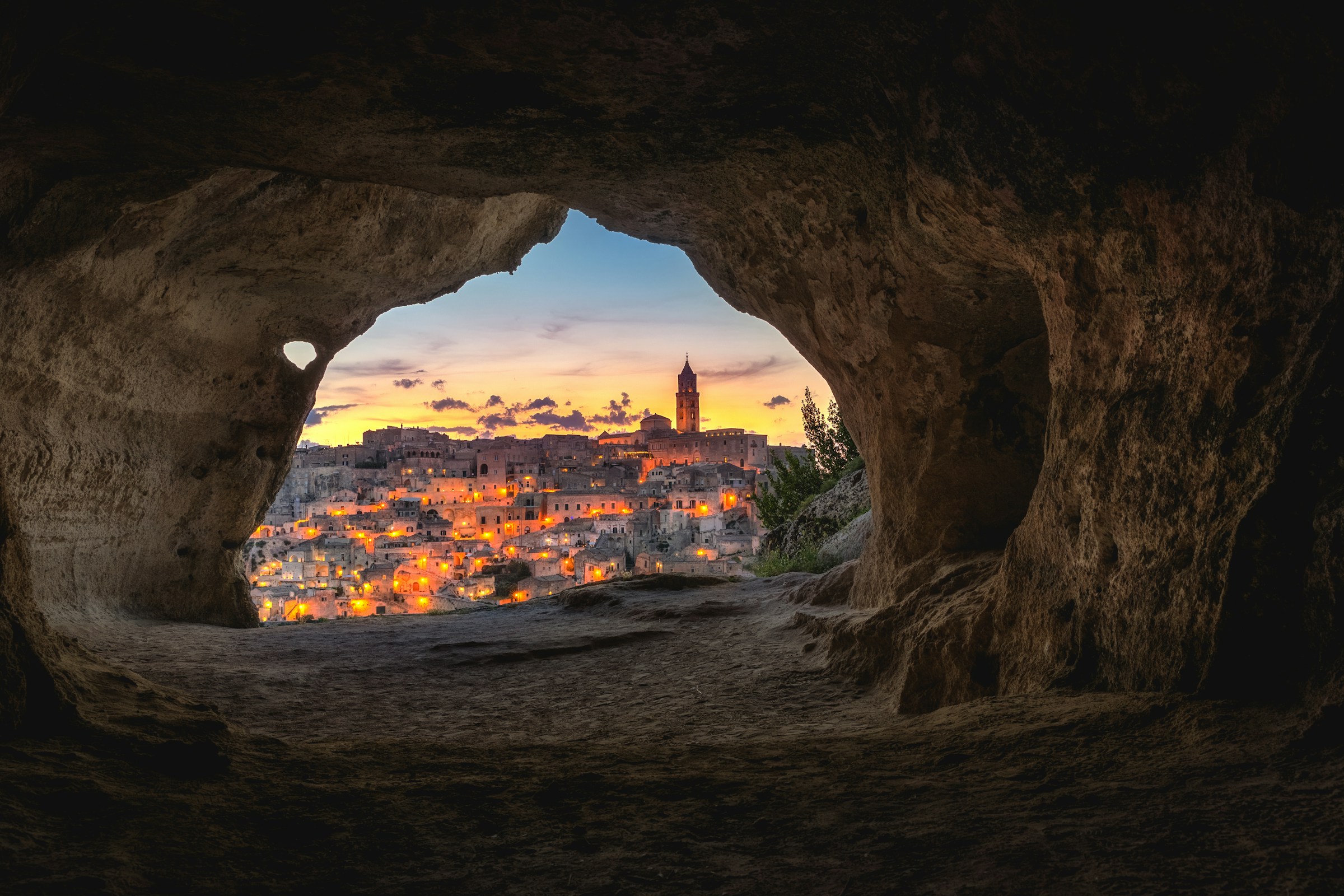 Matera cave view of Matera at sunset