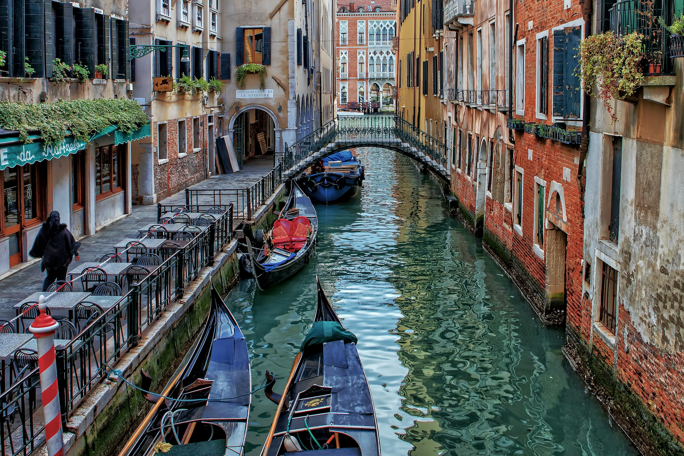 Venice backstreet, tiny bridge, and cafe in Venice