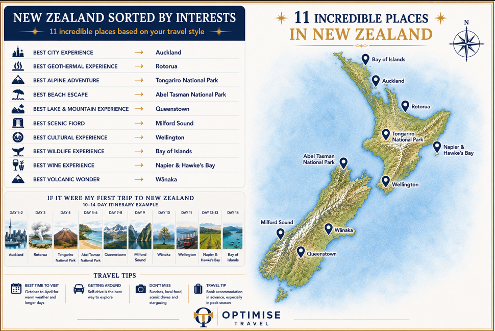 New Zealand at a Glance New Zealand sorted by interests. 11 incredible places based on your travel style.