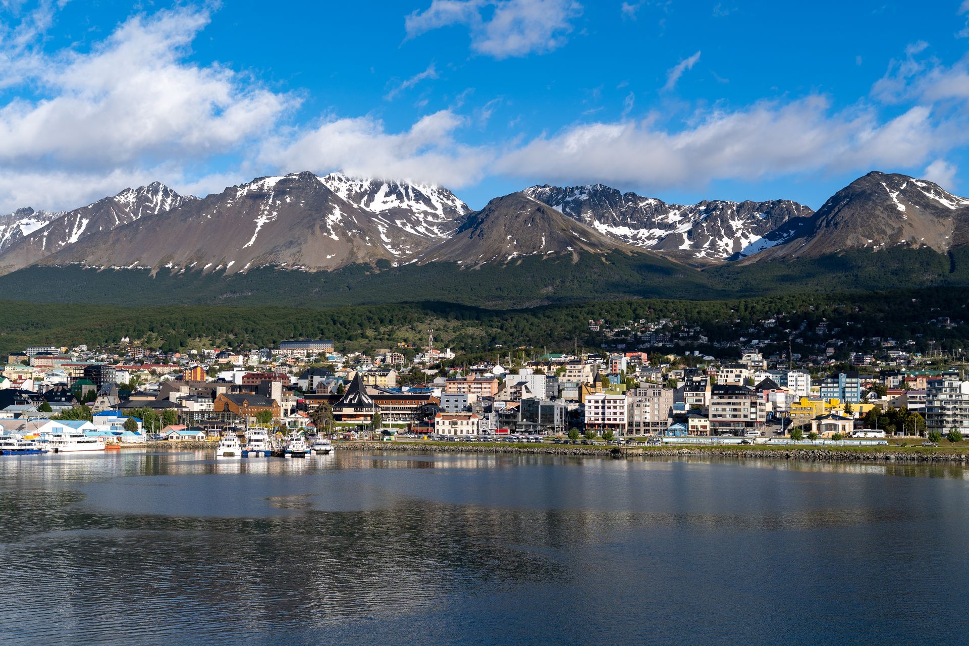 Ushuaia Beagle Channel with Ushuaia and snow-capped mountains