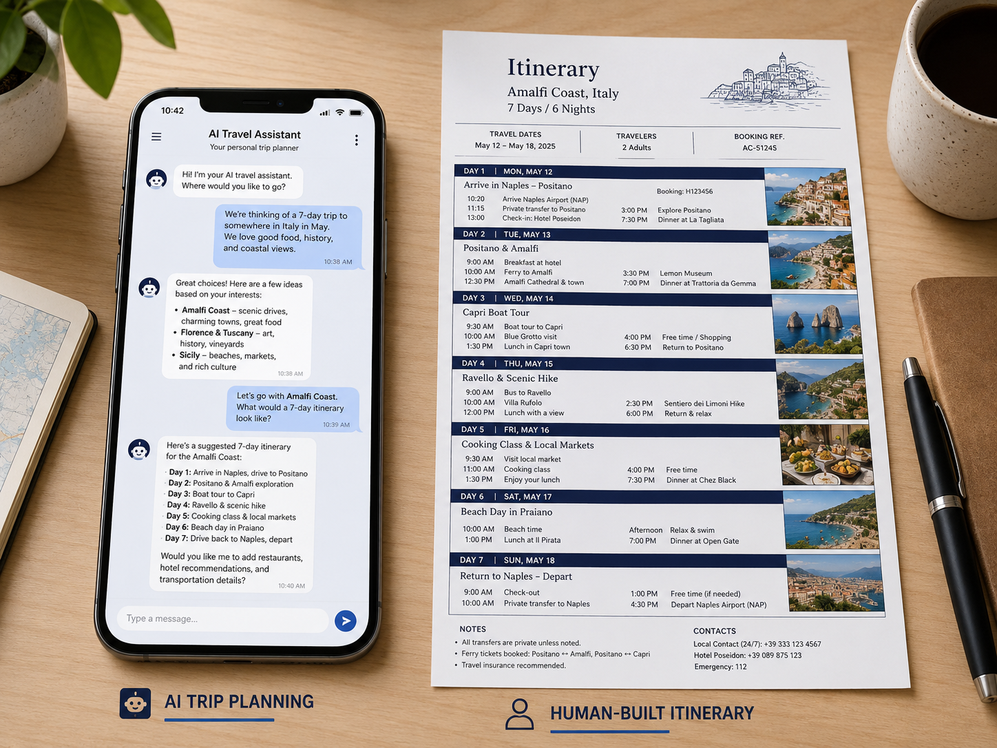 Comparing an AI trip planning chat with a human-built itinerary Comparing an AI trip planning chat with a human-built itinerary