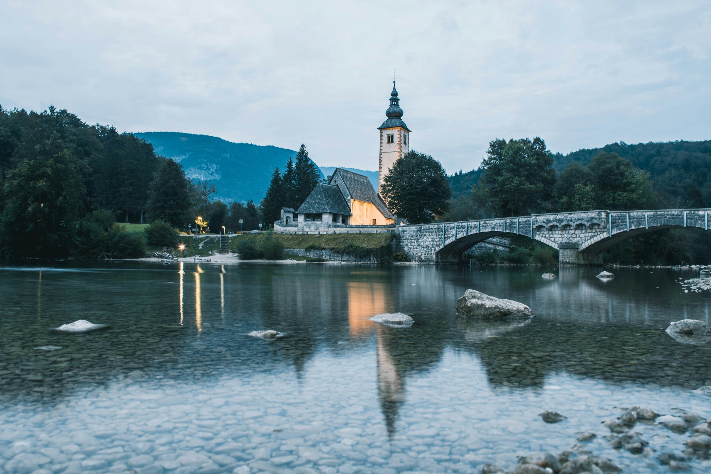 Lake Bohinj Church of St. John the Baptist, stone bridge and Lake Bohinj