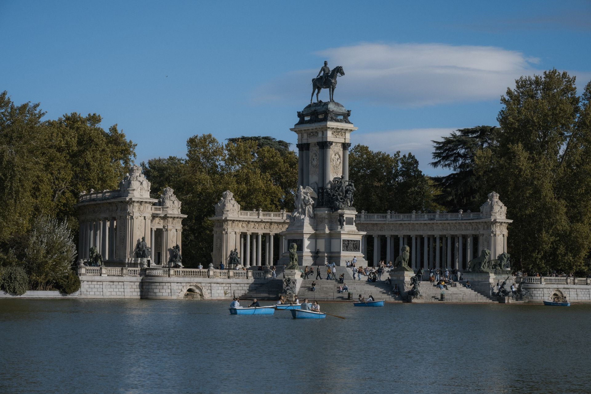Madrid Monument to Alfonso XII and lake, Retiro Park in Madrid