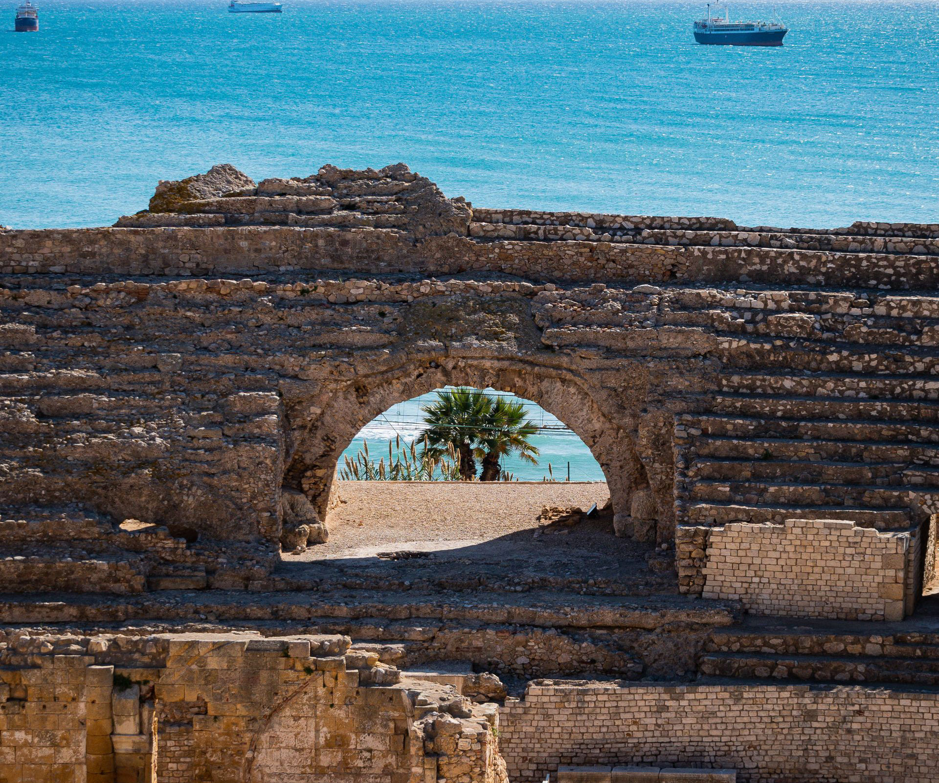 Tarragona Roman Amphitheatre overlooking the Mediterranean in Tarragona