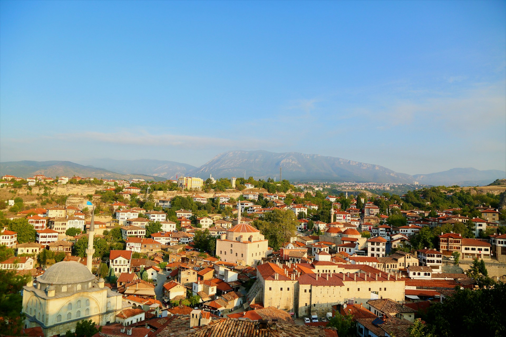 Safranbolu aerial view across the preserved historic town and traditional tiled roofs in Safranbolu