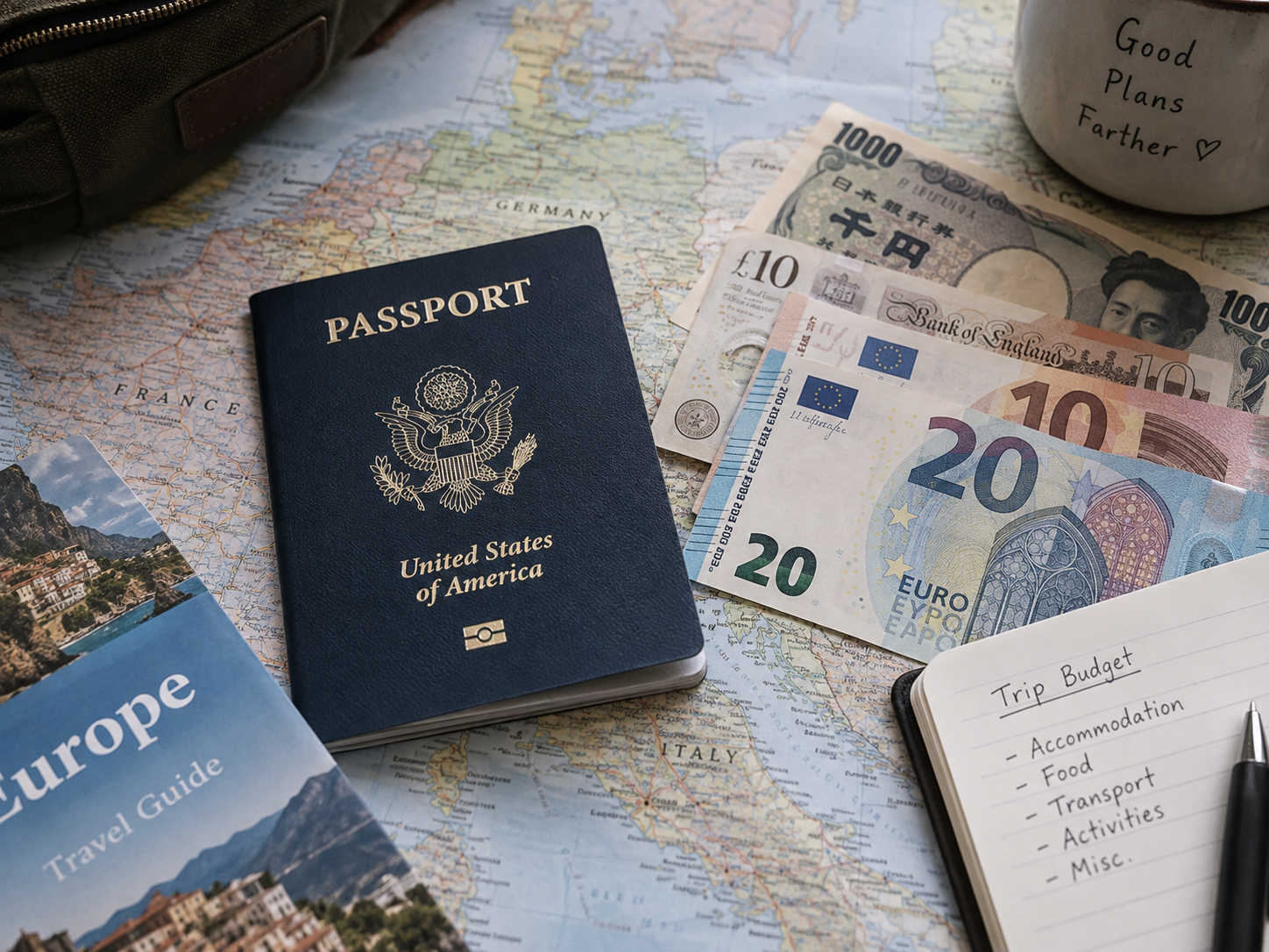a mix of currency notes and a USA passport on a map a mix of currency notes and a USA passport on a map