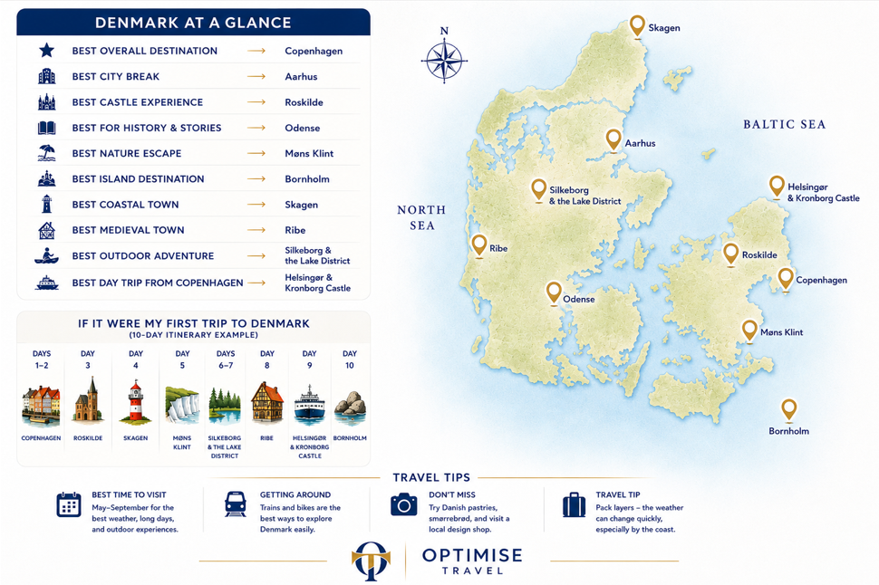 A map of Denmark with recommendations on where to visit based on interests.