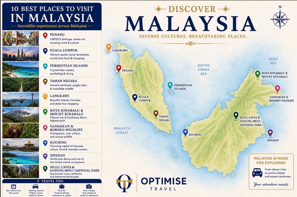Map of Malaysia detailing 10 great locations to visit.
