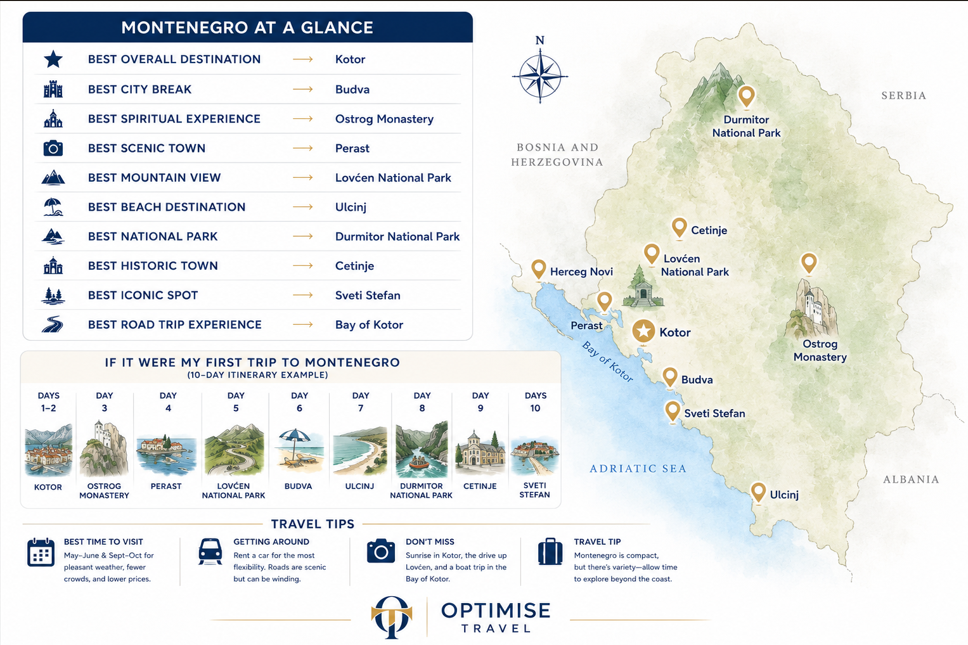 Map of Montenegro with recommendations for travel based on interests