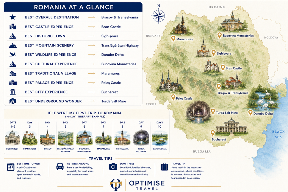 A map highlighting our top 10 places to visit in Romania.