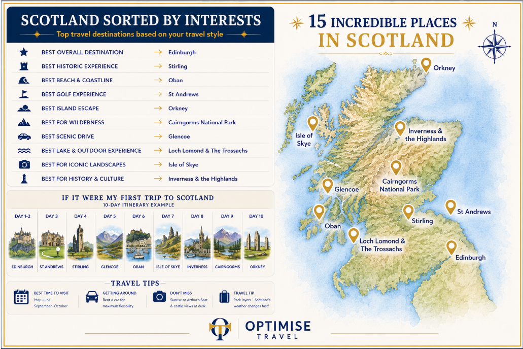A map of Scotland with recommendations on where to travel based on your interests.
