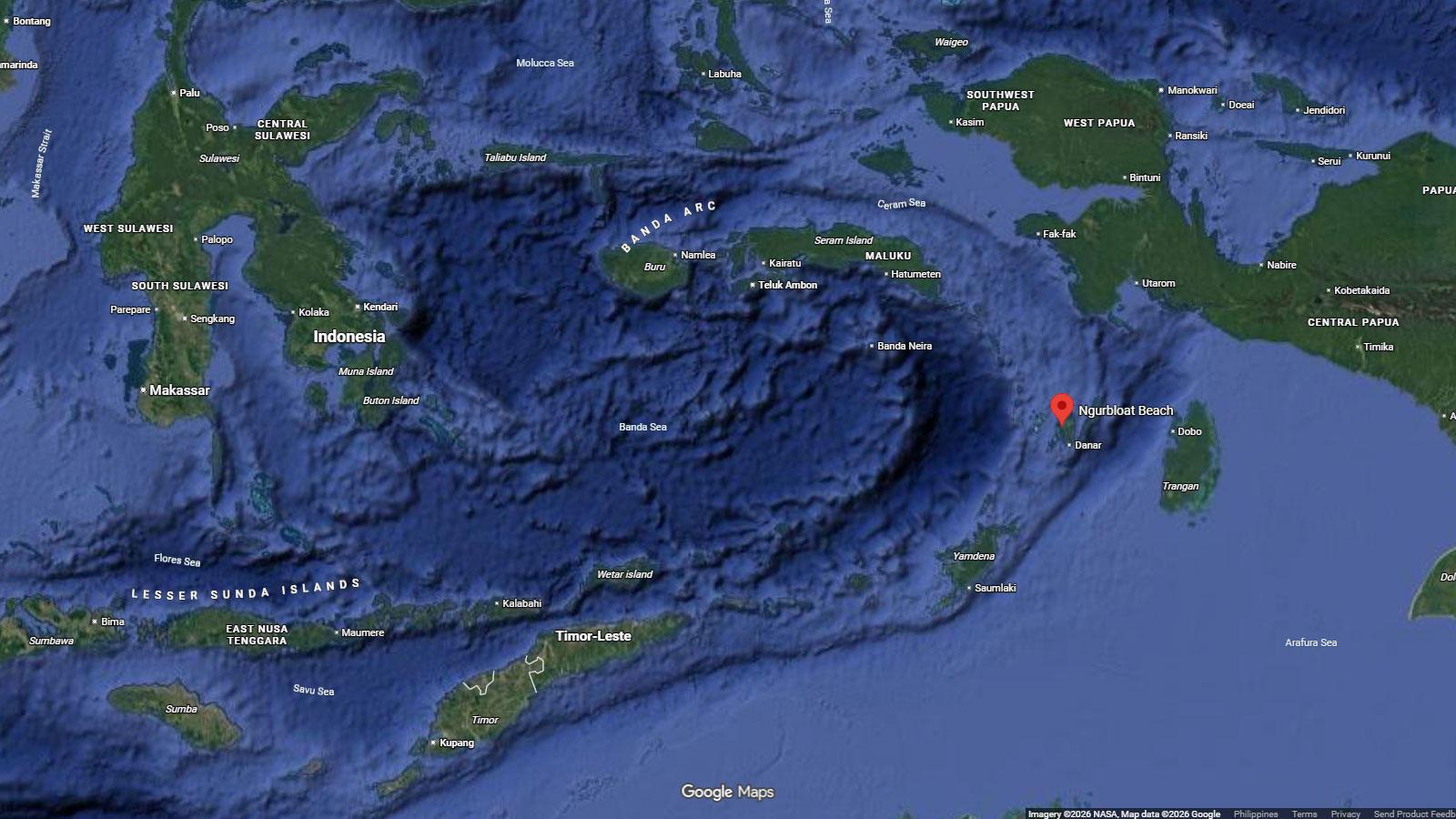 map of Ngurbloat Beach, Kei Islands, Indonesia