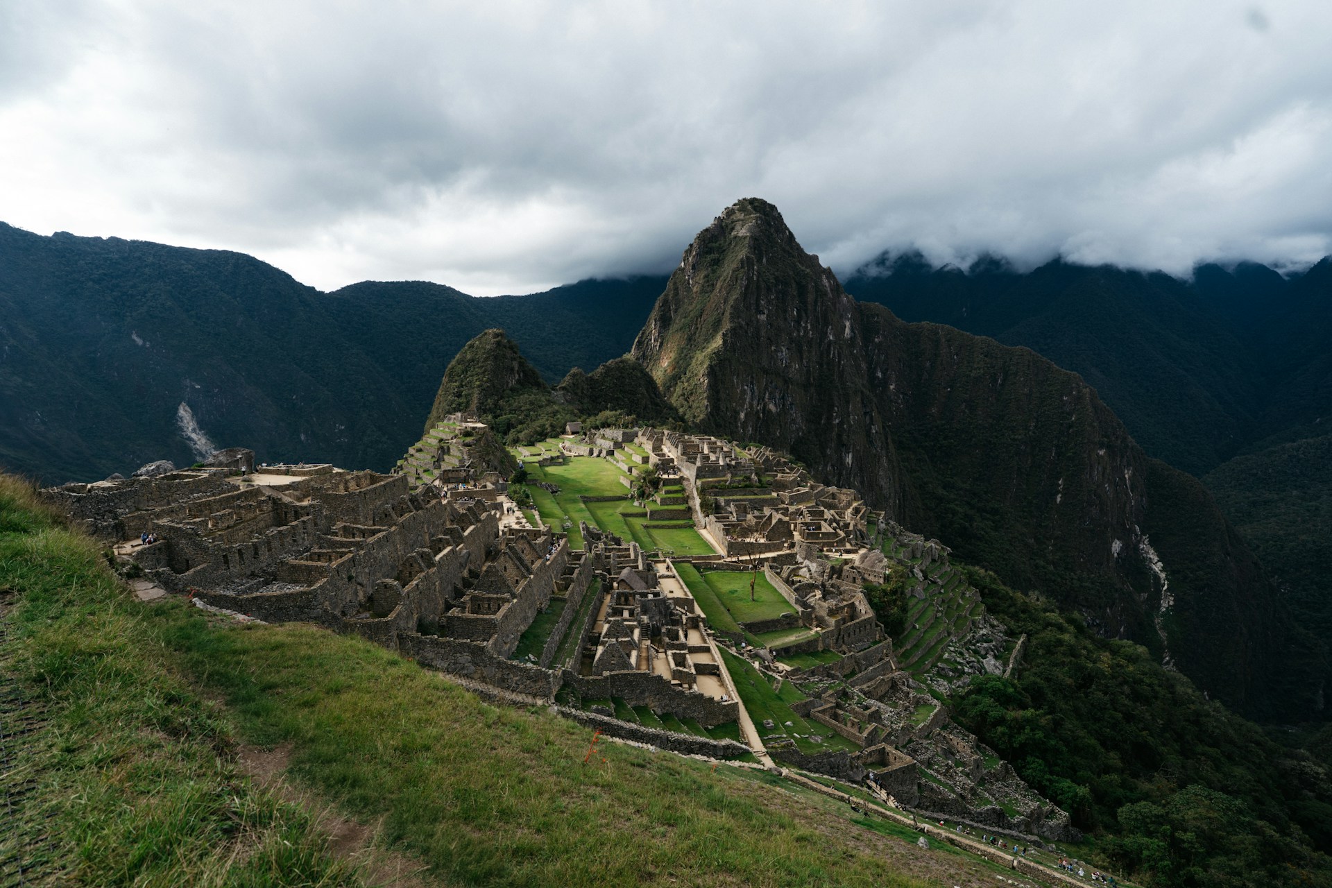Wide view of the citadel, Huayna Picchu, terraces, and surrounding Andes